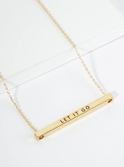 Let It Go Engraved 18K Gold Dipped Horizontal Brass Bar Pendant Inspirational Necklace