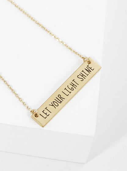 Let Your Light Shine Engraved Horizontal Bar Pendant Necklace