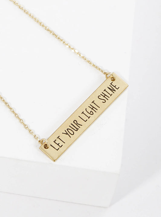 Let Your Light Shine Engraved Horizontal Bar Pendant Necklace