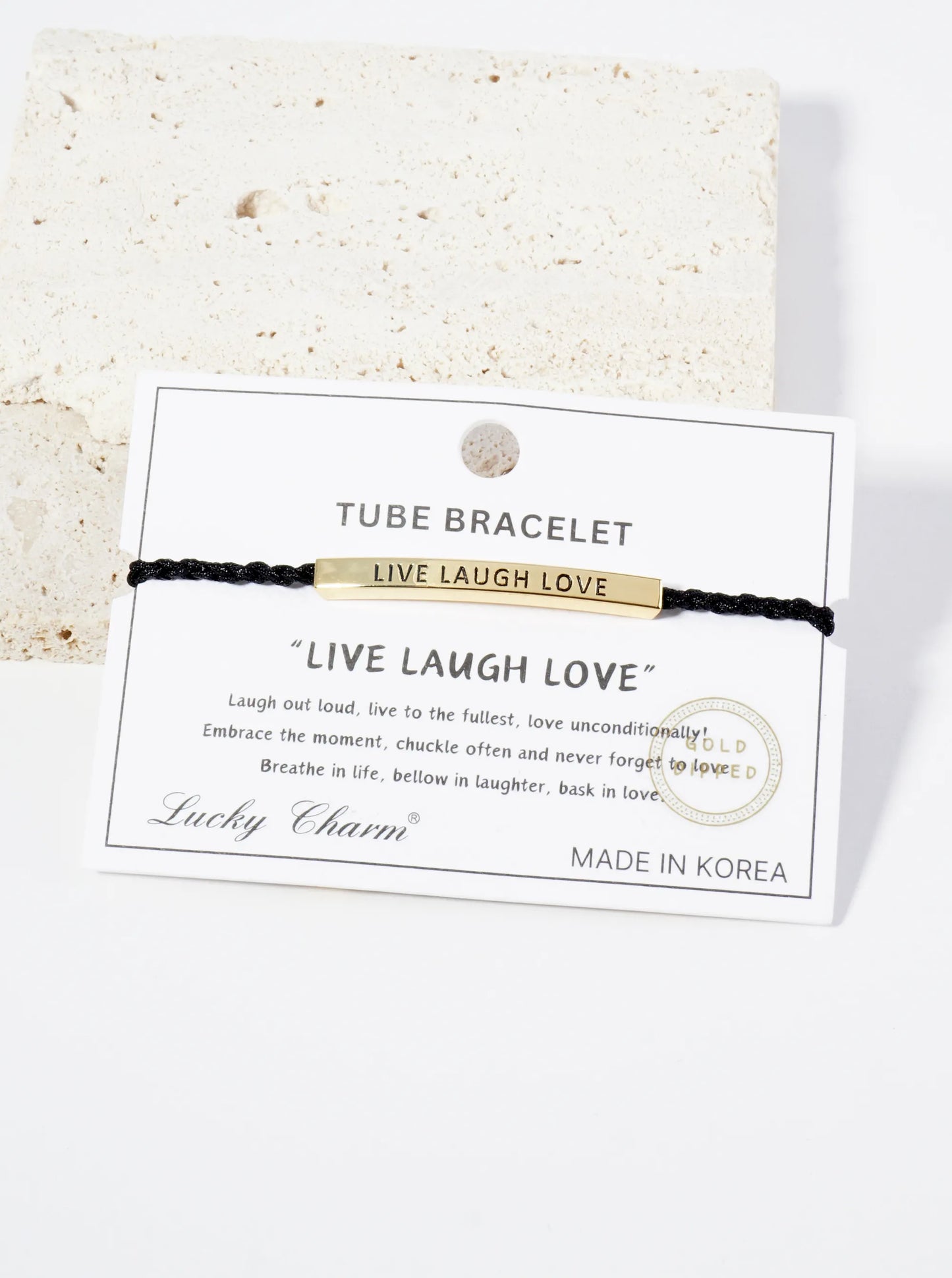 Live Laugh Love Engraved 18K Gold Dipped Curved Brass Tube Bar Adjustable Pull Tie Bracelet