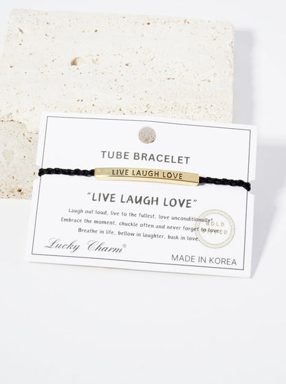 Live Laugh Love Engraved 18K Gold Dipped Curved Brass Tube Bar Adjustable Pull Tie Bracelet