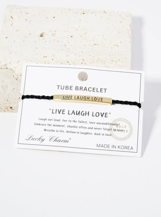 Live Laugh Love Engraved 18K Gold Dipped Curved Brass Tube Bar Adjustable Pull Tie Bracelet