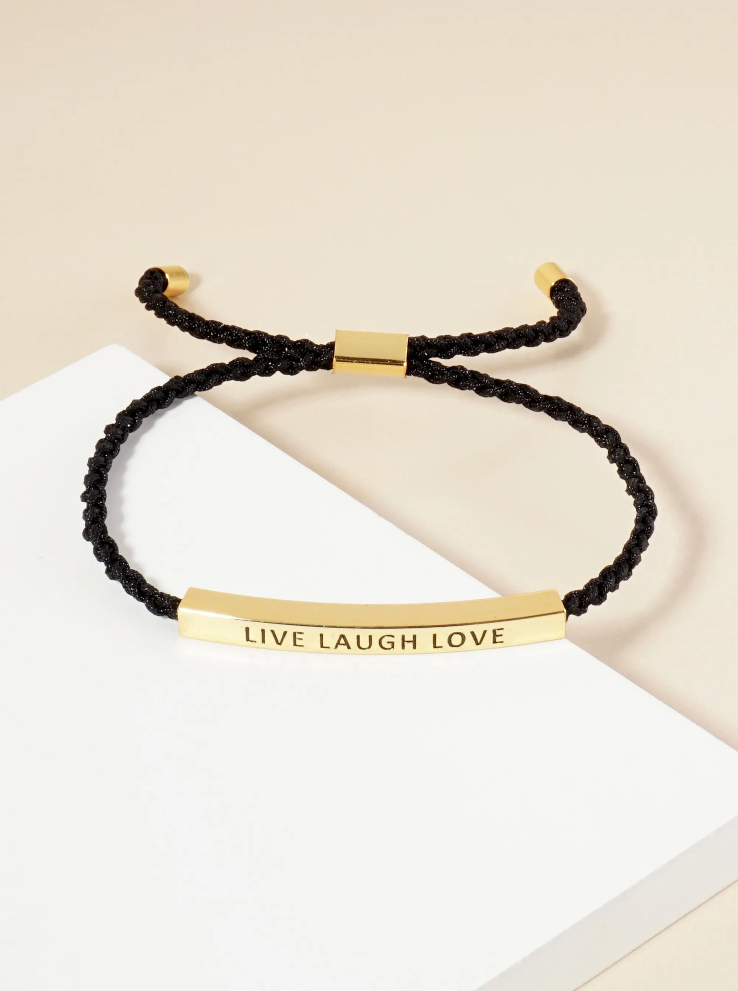 Live Laugh Love Engraved 18K Gold Dipped Curved Brass Tube Bar Adjustable Pull Tie Bracelet