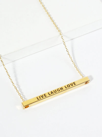Live Laugh Love Engraved 18K Gold Dipped Horizontal Brass Bar Pendant Inspirational Necklace