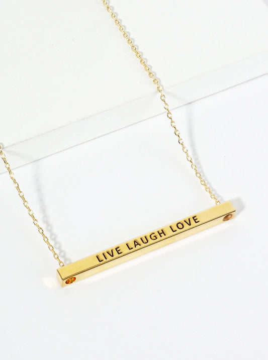 Live Laugh Love Engraved 18K Gold Dipped Horizontal Brass Bar Pendant Inspirational Necklace
