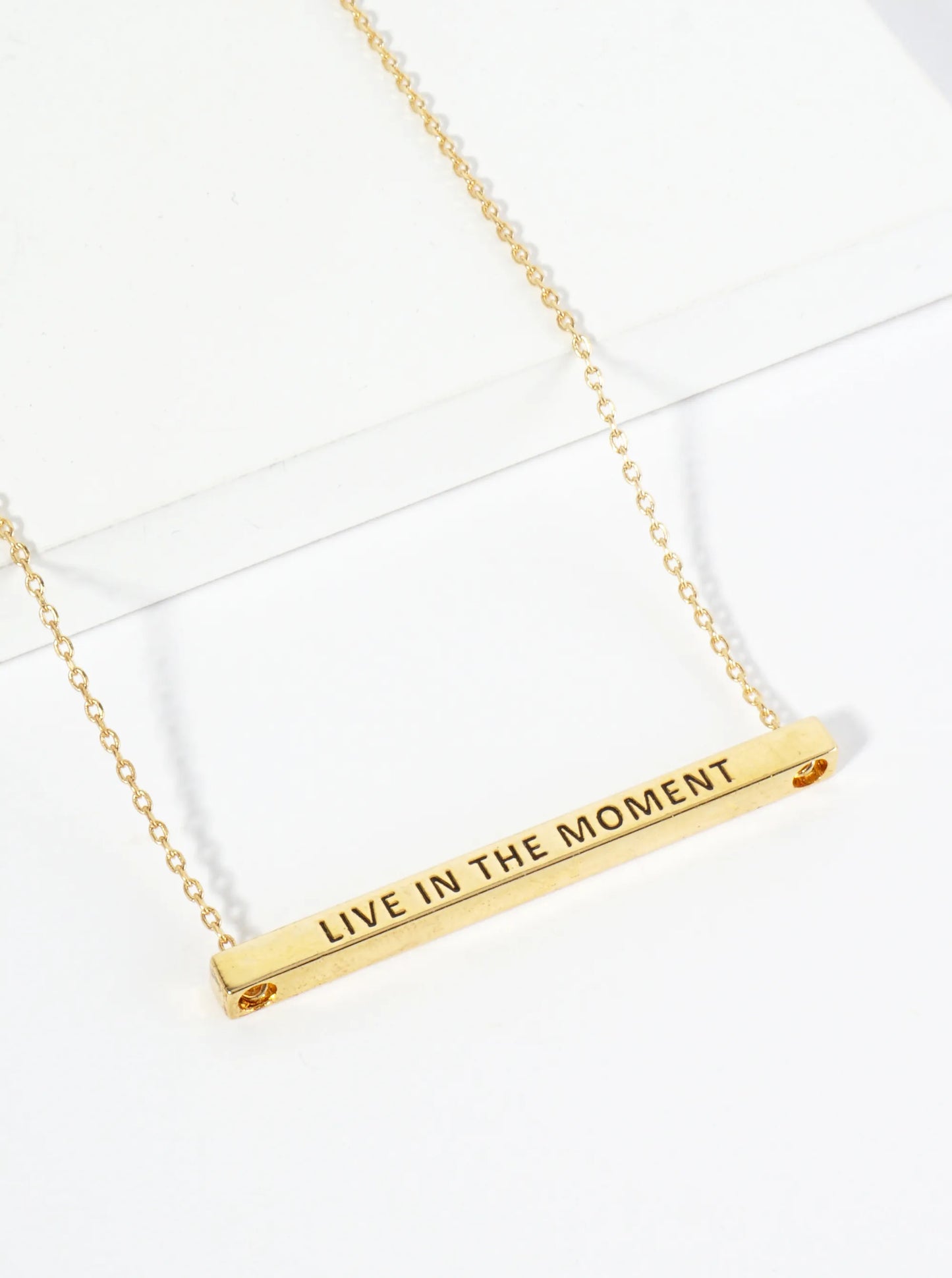 Live In The Moment Engraved 18K Gold Dipped Horizontal Brass Bar Pendant Inspirational Necklace