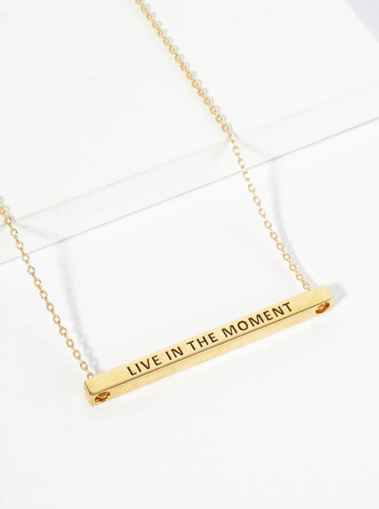 Live In The Moment Engraved 18K Gold Dipped Horizontal Brass Bar Pendant Inspirational Necklace
