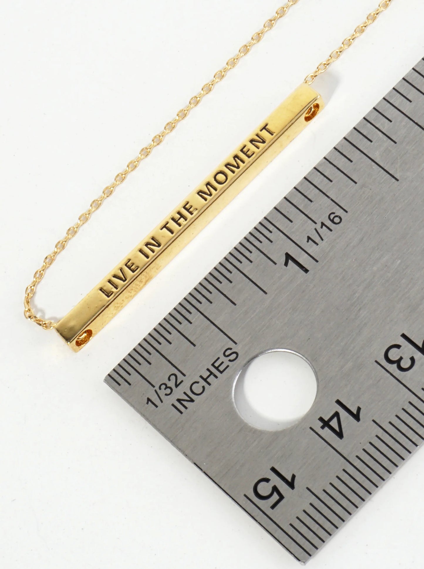 Live In The Moment Engraved 18K Gold Dipped Horizontal Brass Bar Pendant Inspirational Necklace