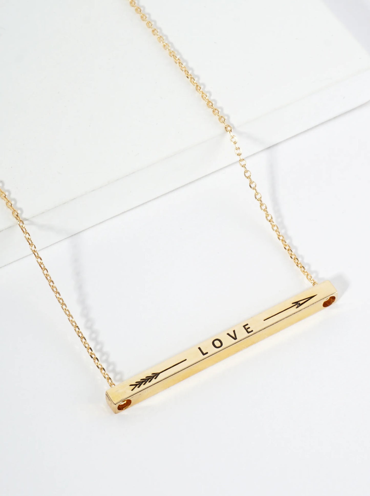 Love Arrow Engraved 18K Gold Dipped Horizontal Brass Bar Pendant Inspirational Necklace