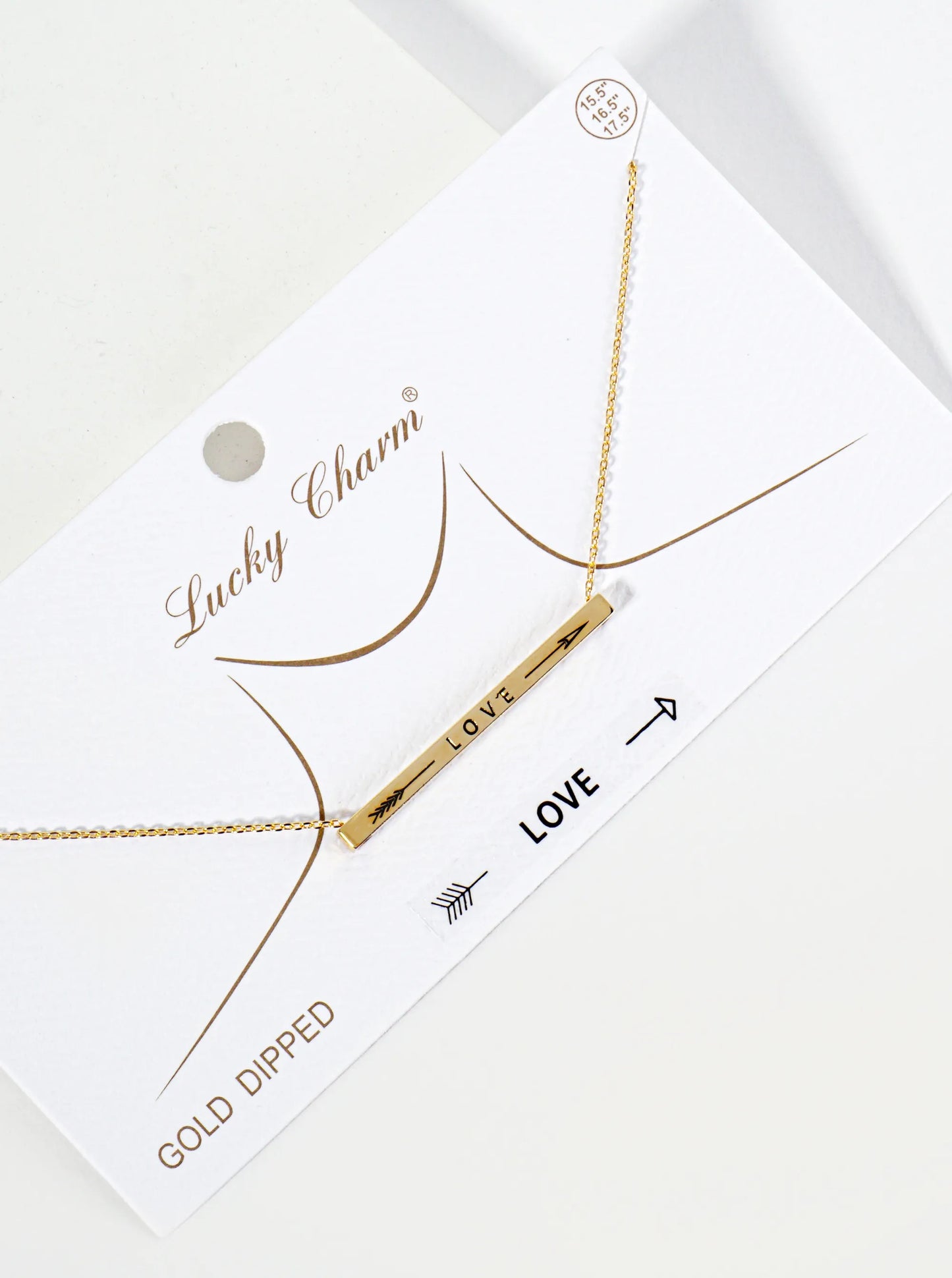 Love Arrow Engraved 18K Gold Dipped Horizontal Brass Bar Pendant Inspirational Necklace