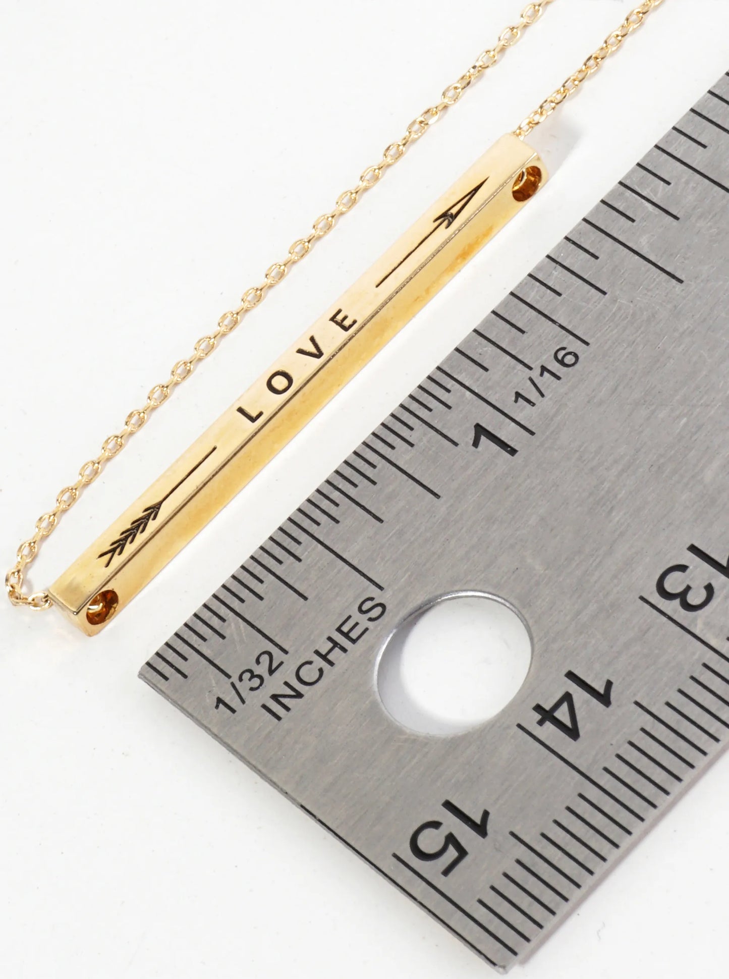 Love Arrow Engraved 18K Gold Dipped Horizontal Brass Bar Pendant Inspirational Necklace