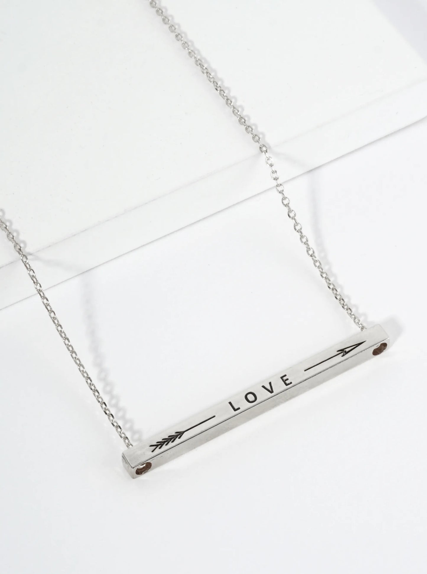 Love Arrow Engraved 18K Gold Dipped Horizontal Brass Bar Pendant Inspirational Necklace