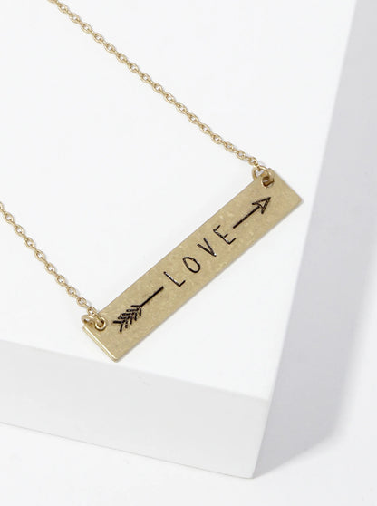Love Arrow Engraved Horizontal Bar Pendant Necklace