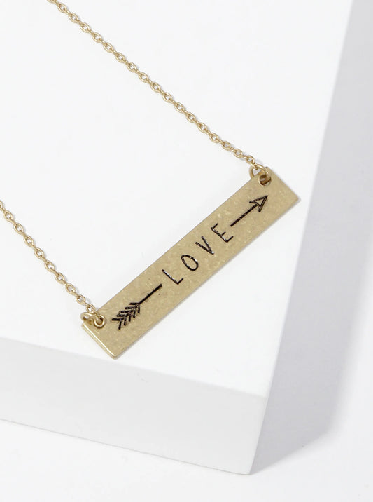 Love Arrow Engraved Horizontal Bar Pendant Necklace