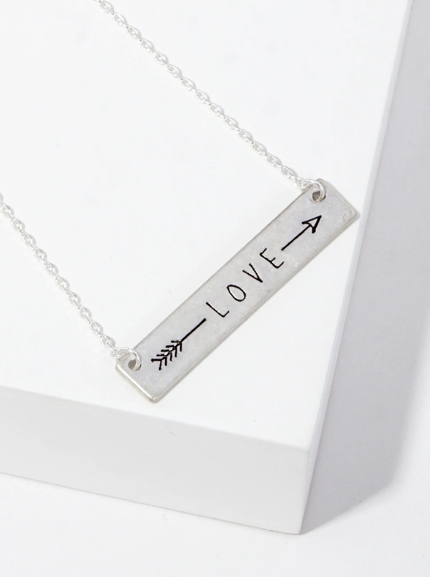 Love Arrow Engraved Horizontal Bar Pendant Necklace