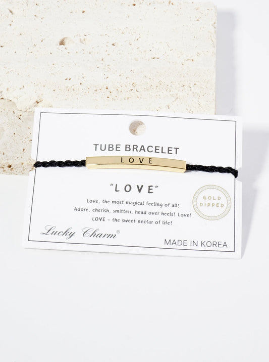 Love Engraved 18K Gold Dipped Curved Brass Tube Bar Adjustable Pull Tie Bracelet