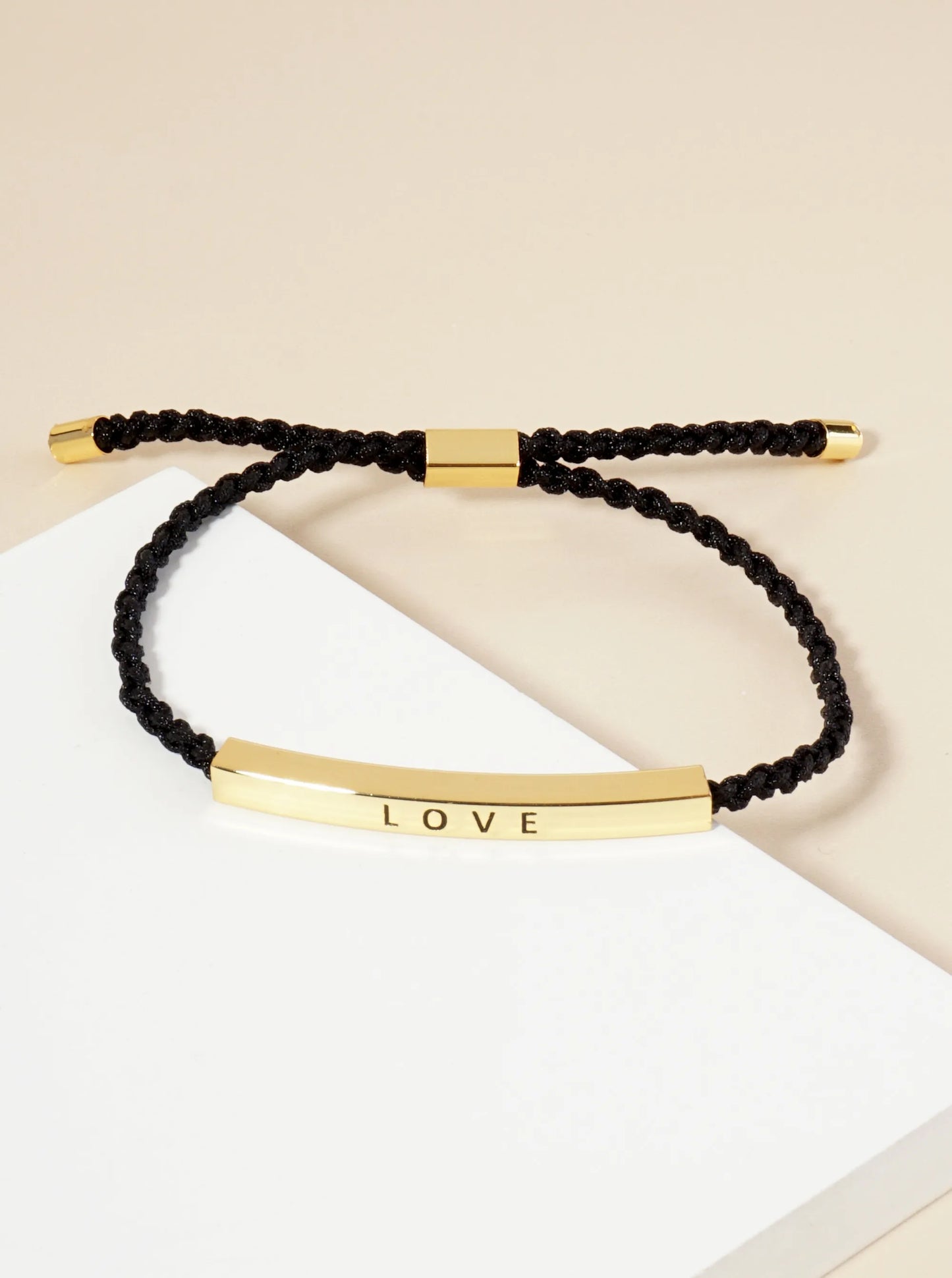 Love Engraved 18K Gold Dipped Curved Brass Tube Bar Adjustable Pull Tie Bracelet
