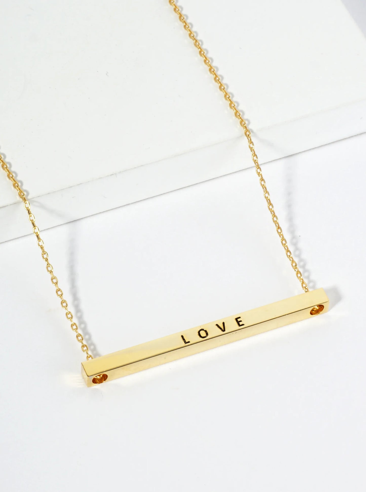 Love Engraved 18K Gold Dipped Horizontal Brass Bar Pendant Inspirational Necklace