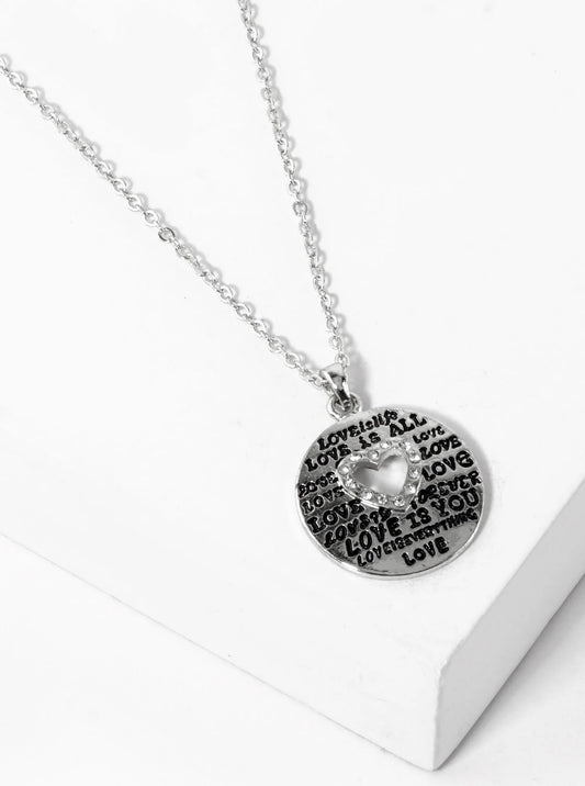 Love Engraved Heart Cutout Disc Pendant Necklace