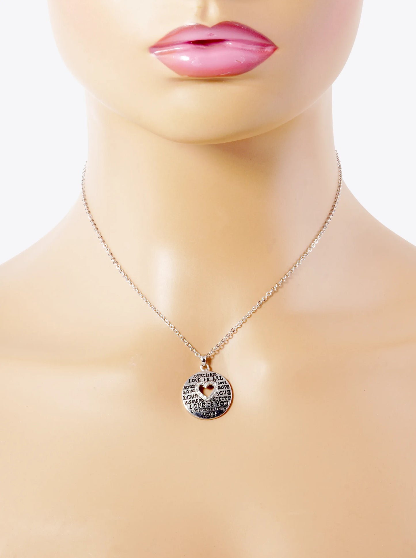 Love Engraved Heart Cutout Disc Pendant Necklace