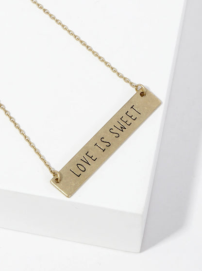 Love Is Sweet Engraved Horizontal Bar Pendant Necklace