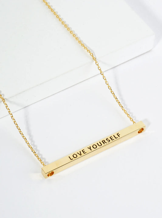 Love Yourself Engraved 18K Gold Dipped Horizontal Brass Bar Pendant Inspirational Necklace