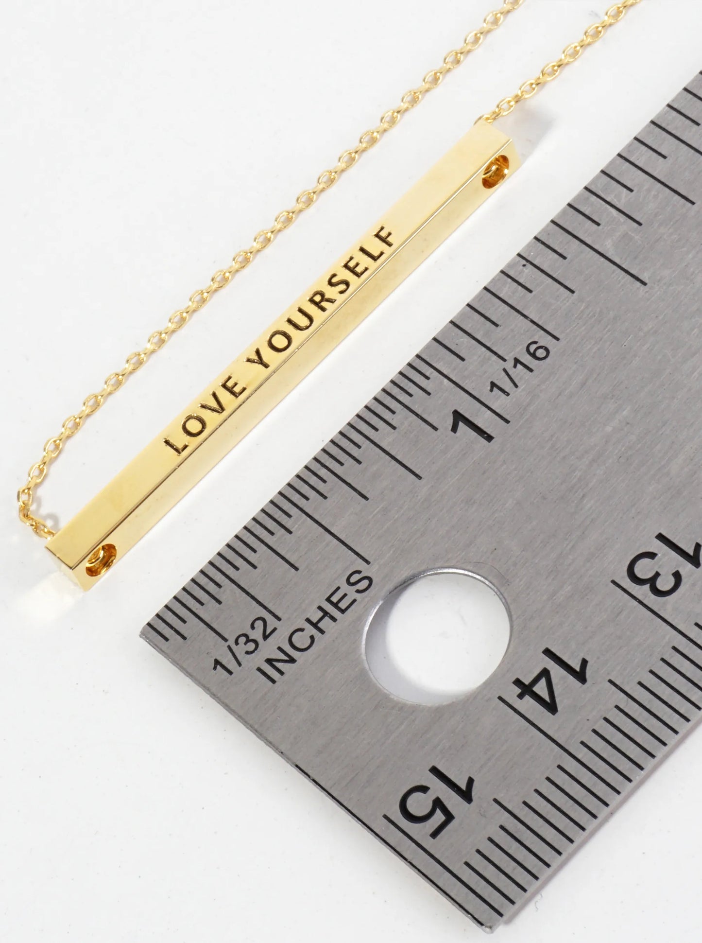 Love Yourself Engraved 18K Gold Dipped Horizontal Brass Bar Pendant Inspirational Necklace