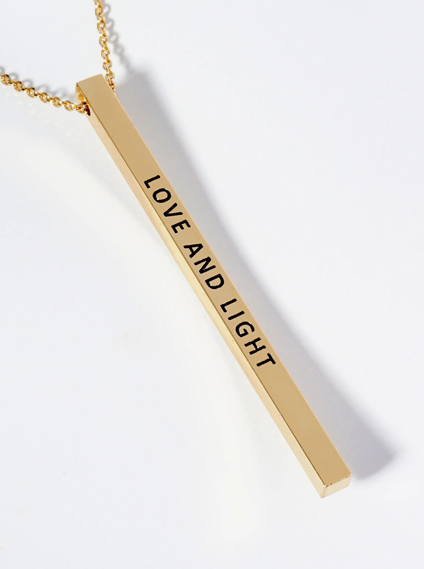 Love And Light Engraved Vertical Bar Pendant Inspirational Necklace