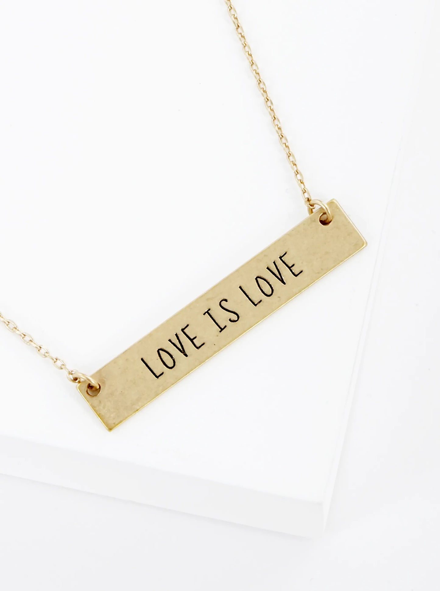 Love Is Love Engraved Horizontal Bar Pendant Necklace