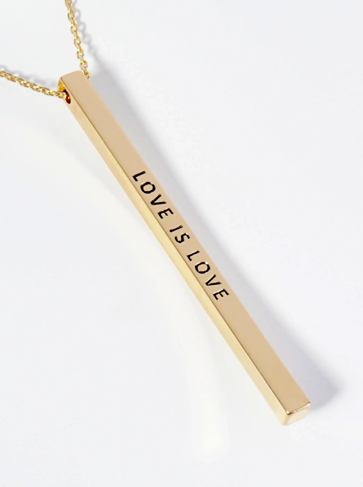 Love Is Love Engraved Vertical Bar Pendant Inspirational Necklace