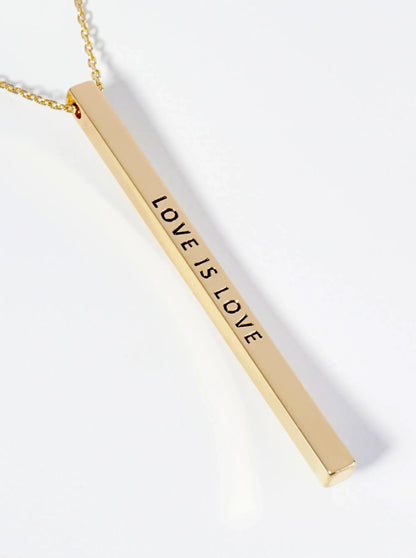 Love Is Love Engraved Vertical Bar Pendant Inspirational Necklace