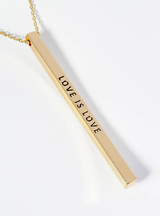 Love Is Love Engraved Vertical Bar Pendant Inspirational Necklace