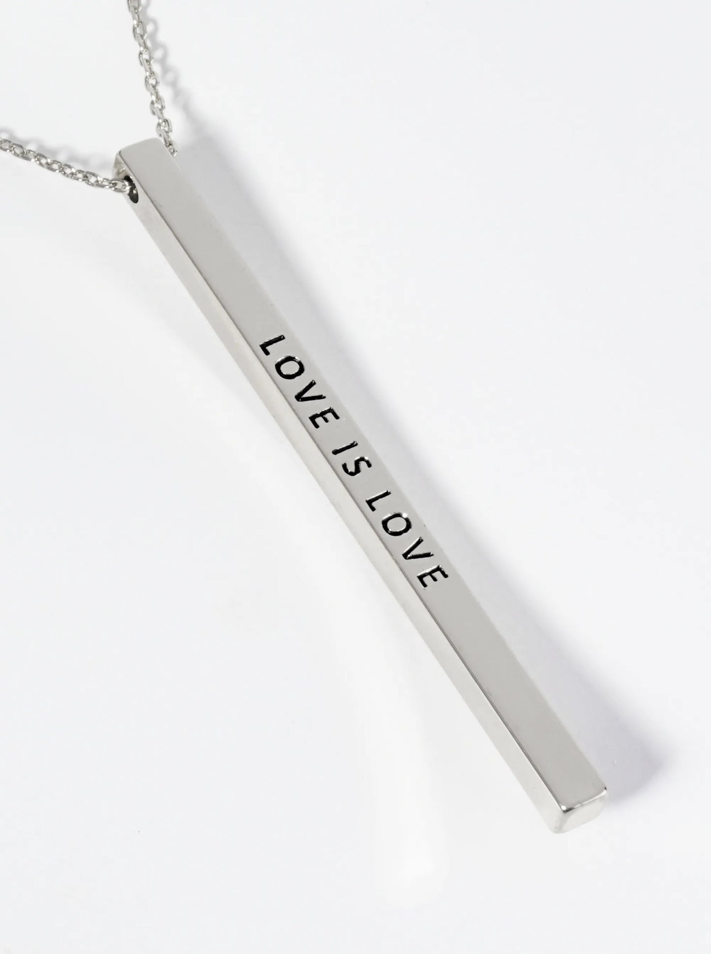 Love Is Love Engraved Vertical Bar Pendant Inspirational Necklace