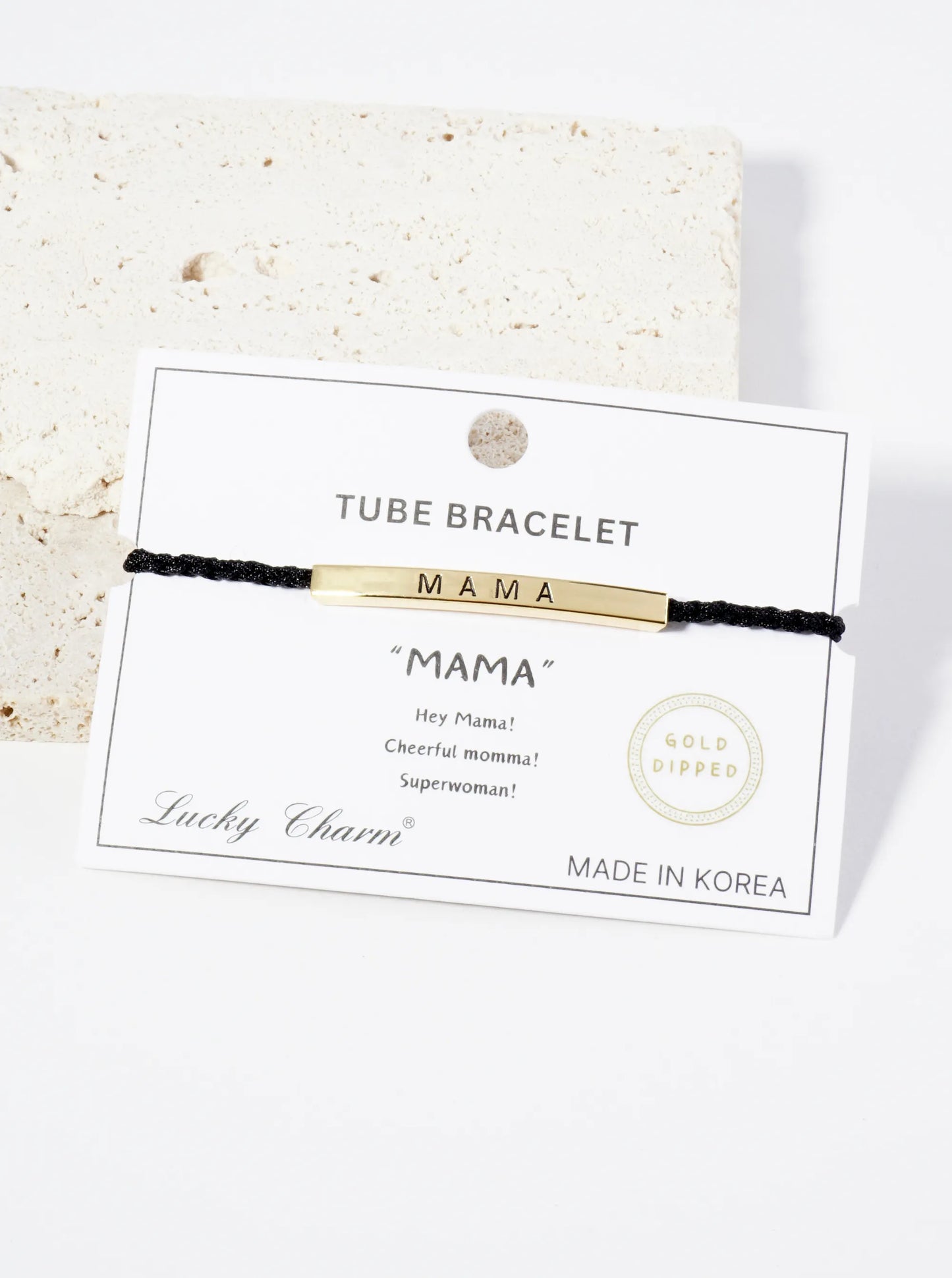 Mama Engraved 18K Gold Dipped Curved Brass Tube Bar Adjustable Pull Tie Bracelet