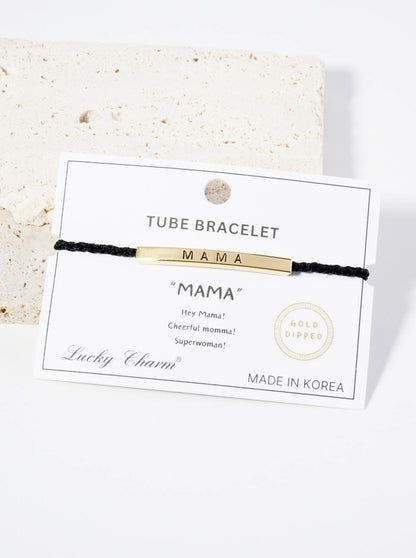 Mama Engraved 18K Gold Dipped Curved Brass Tube Bar Adjustable Pull Tie Bracelet