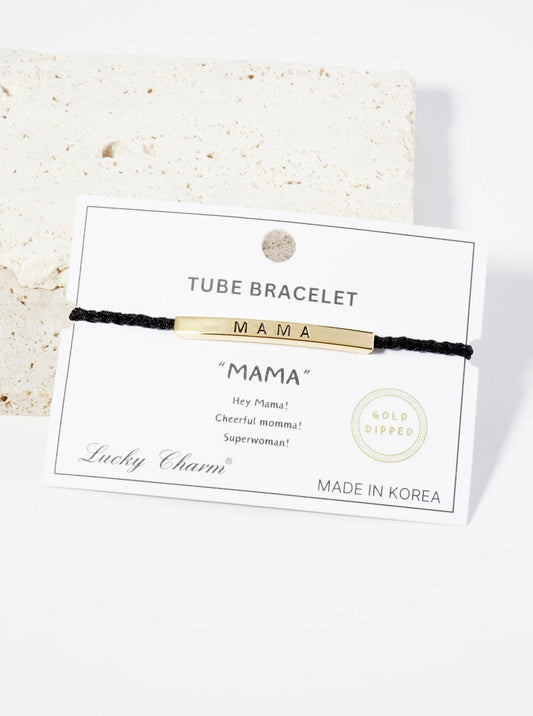 Mama Engraved 18K Gold Dipped Curved Brass Tube Bar Adjustable Pull Tie Bracelet