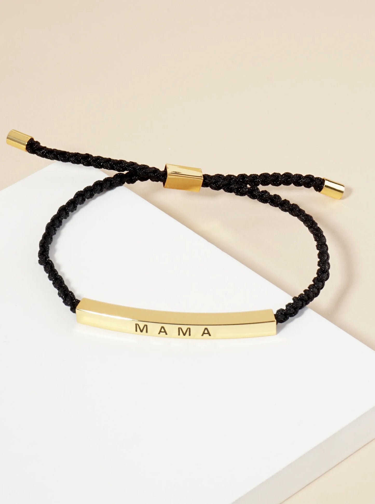 Mama Engraved 18K Gold Dipped Curved Brass Tube Bar Adjustable Pull Tie Bracelet