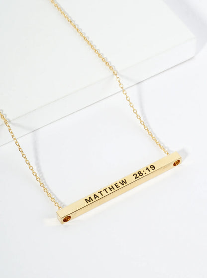 Matthew 28 19 Engraved 18K Gold Dipped Horizontal Brass Bar Pendant Inspirational Necklace