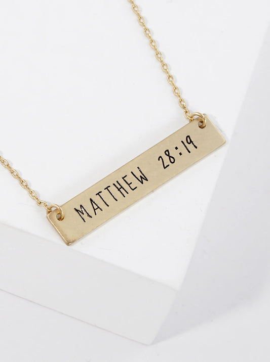 Matthew 28 19 Engraved Horizontal Bar Pendant Necklace