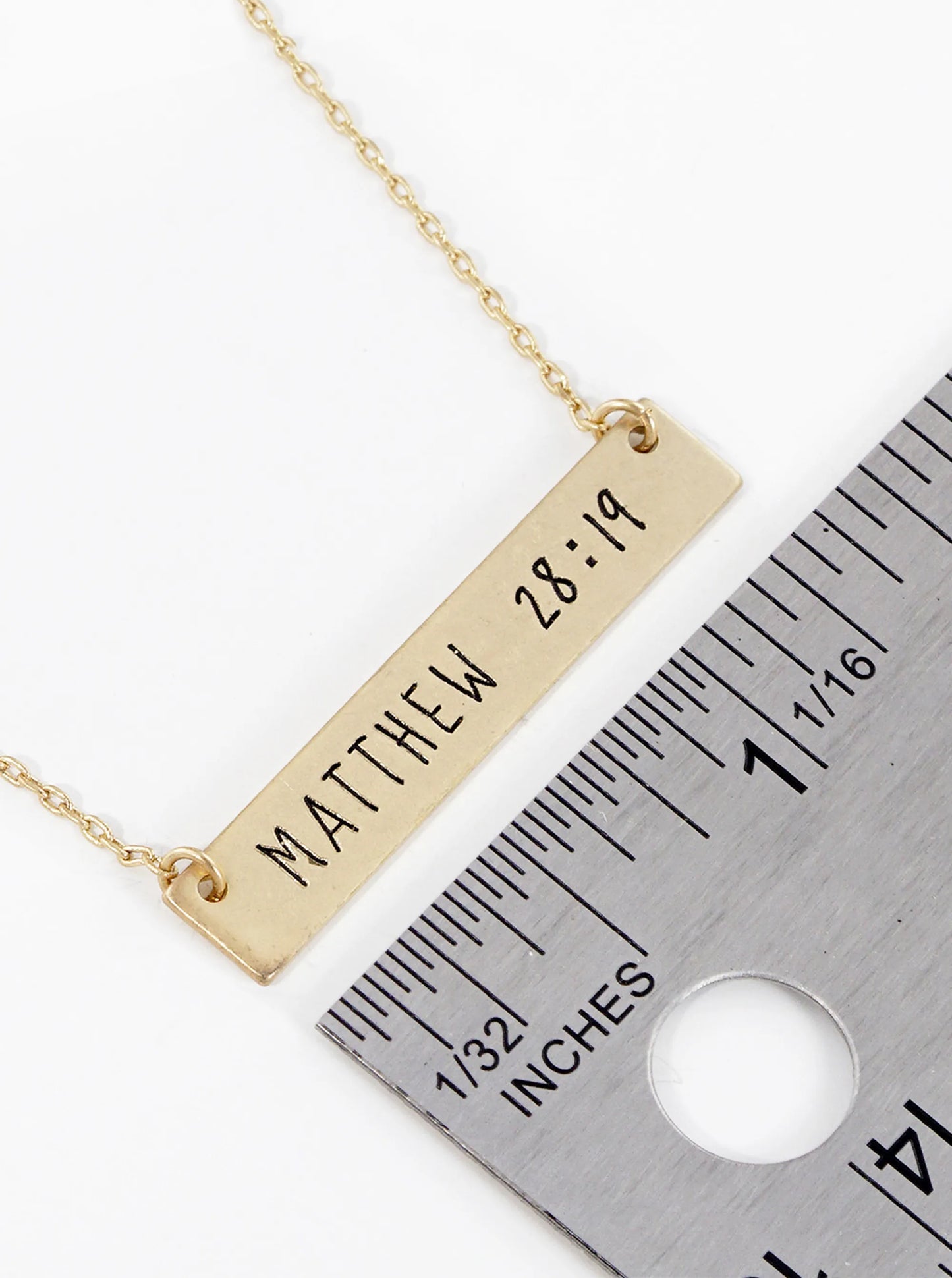 Matthew 28 19 Engraved Horizontal Bar Pendant Necklace