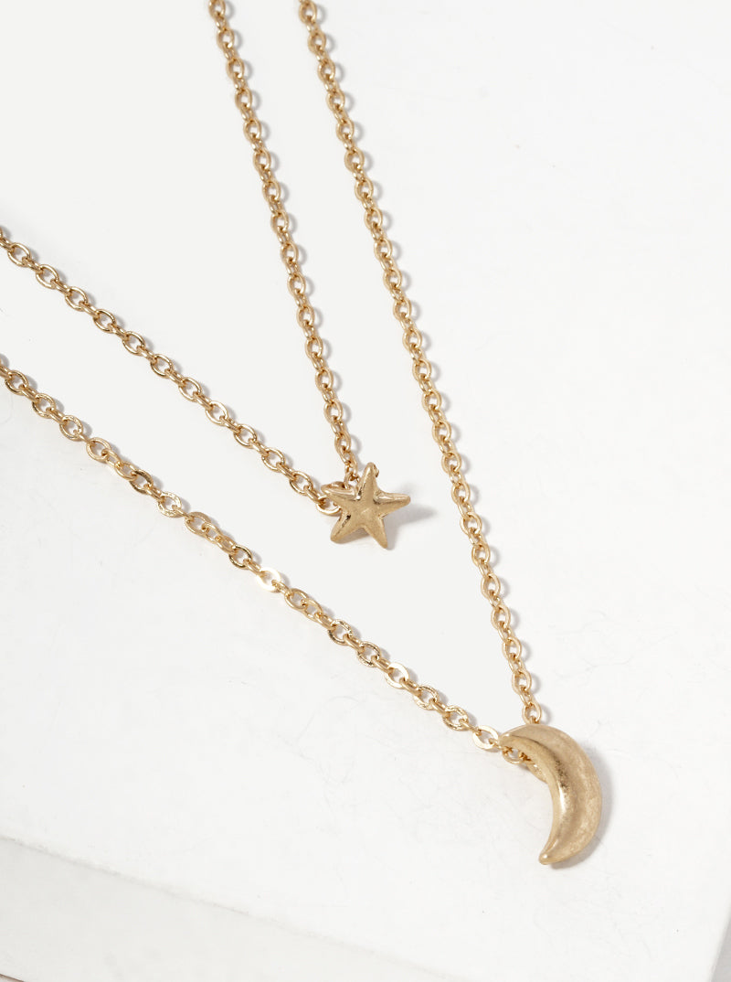 Moon And Star Pendant Layered Necklace
