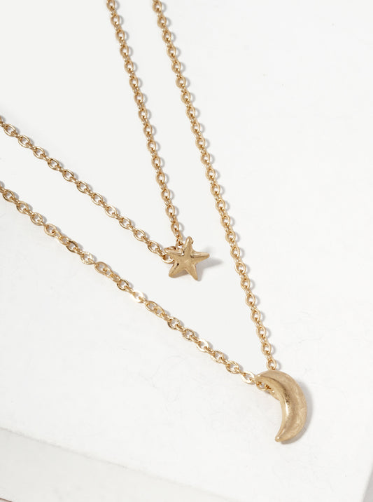 Moon And Star Pendant Layered Necklace