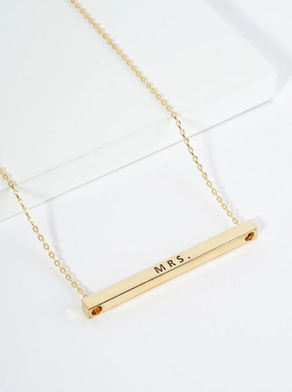 Mrs Engraved 18K Gold Dipped Horizontal Brass Bar Pendant Inspirational Necklace
