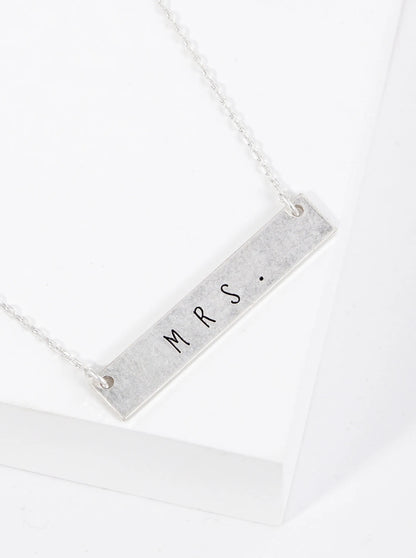Mrs Engraved Horizontal Bar Pendant Necklace