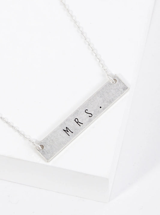 Mrs Engraved Horizontal Bar Pendant Necklace