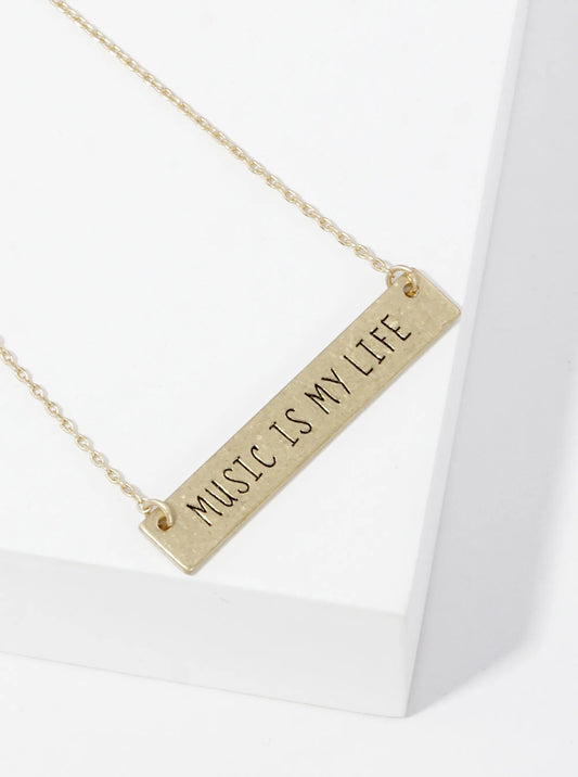 Music Is My Life Engraved Horizontal Bar Pendant Necklace