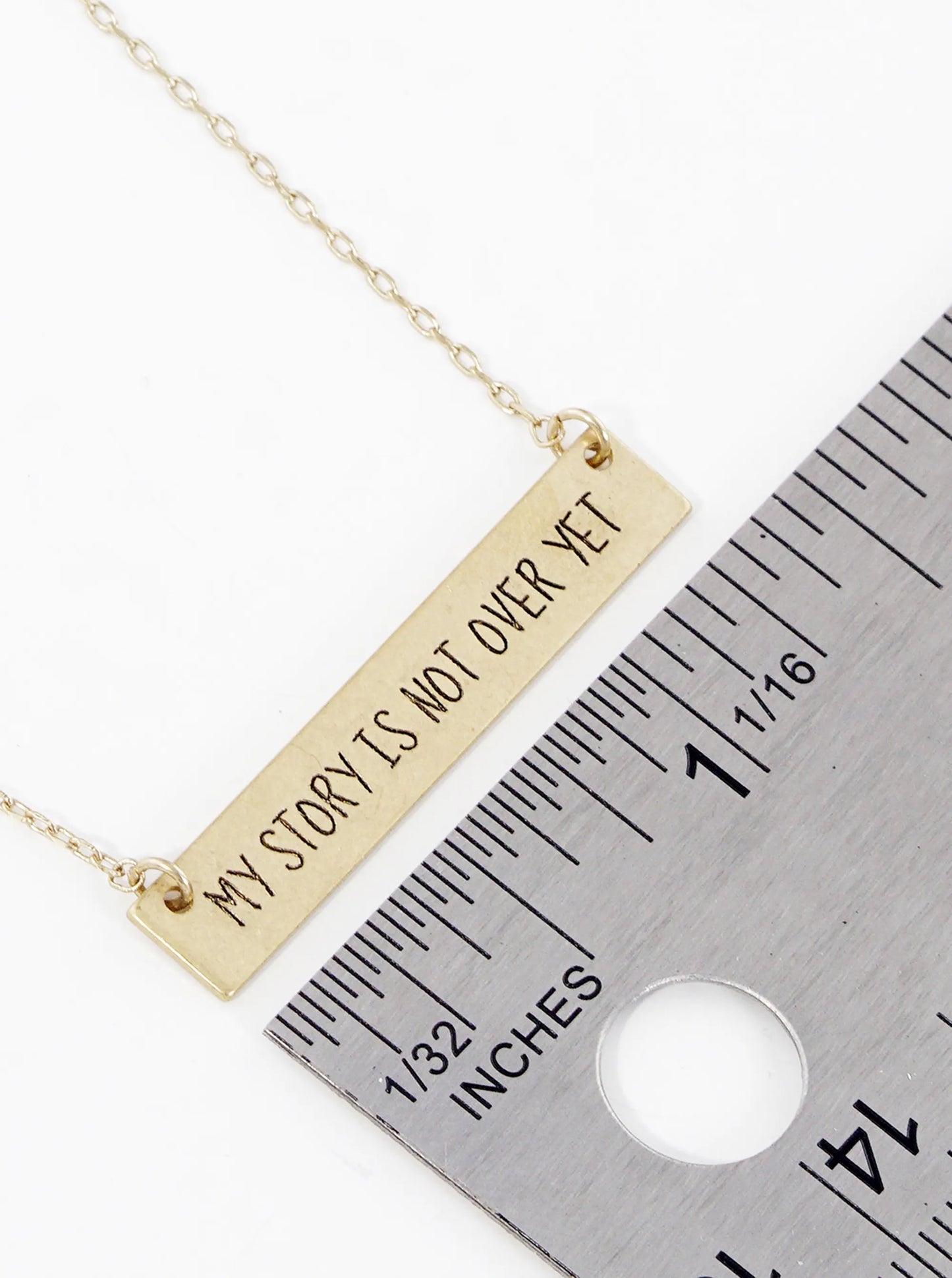 My Story Is Not Over Yet Engraved Horizontal Bar Pendant Necklace