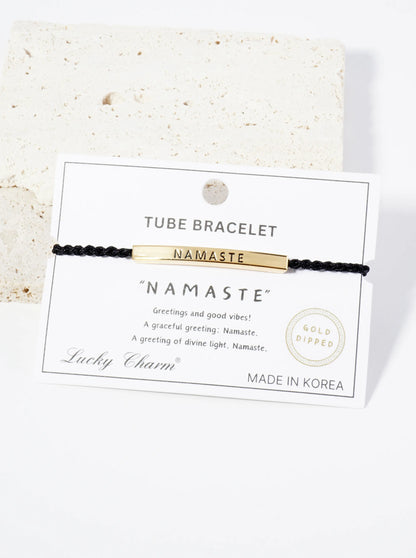 Namaste Engraved 18K Gold Dipped Curved Brass Tube Bar Adjustable Pull Tie Bracelet