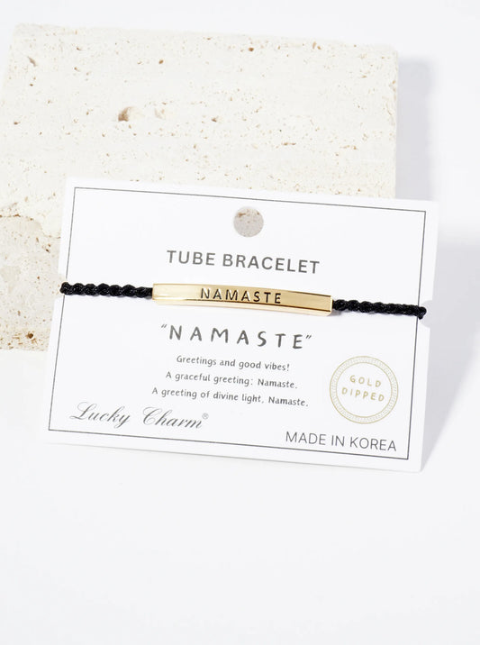 Namaste Engraved 18K Gold Dipped Curved Brass Tube Bar Adjustable Pull Tie Bracelet
