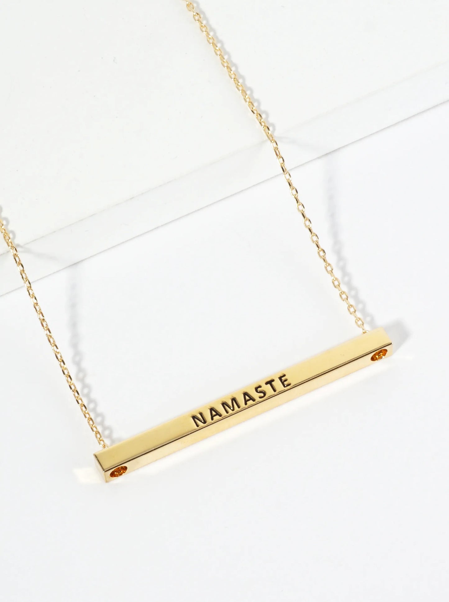 Namaste Engraved 18K Gold Dipped Horizontal Brass Bar Pendant Inspirational Necklace
